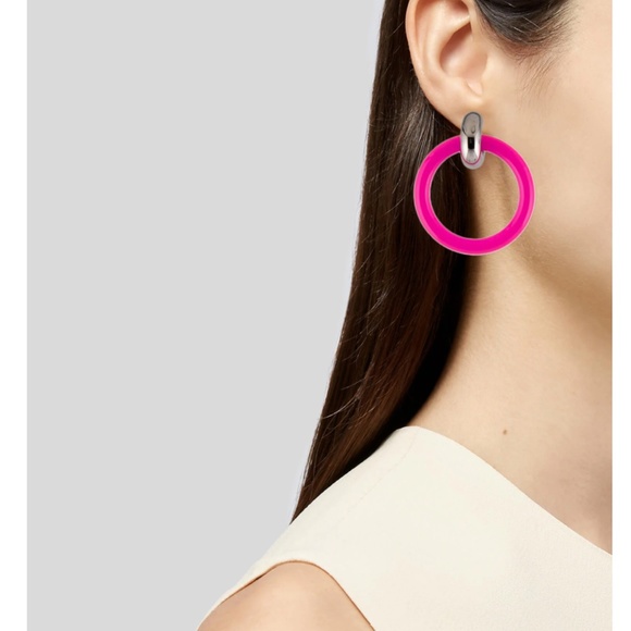 Balenciaga NEW Authentic Neon HOT Pink resin hoops with silver post backs - Picture 2 of 6